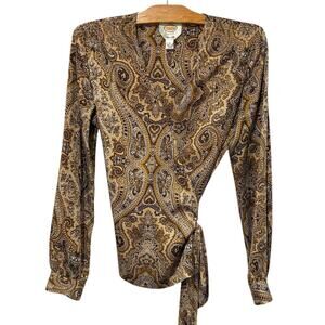 Talbots | Shirt Wrap Blouse Brown Paisley Silk Vintage Long Sleeve Size 8 Medium